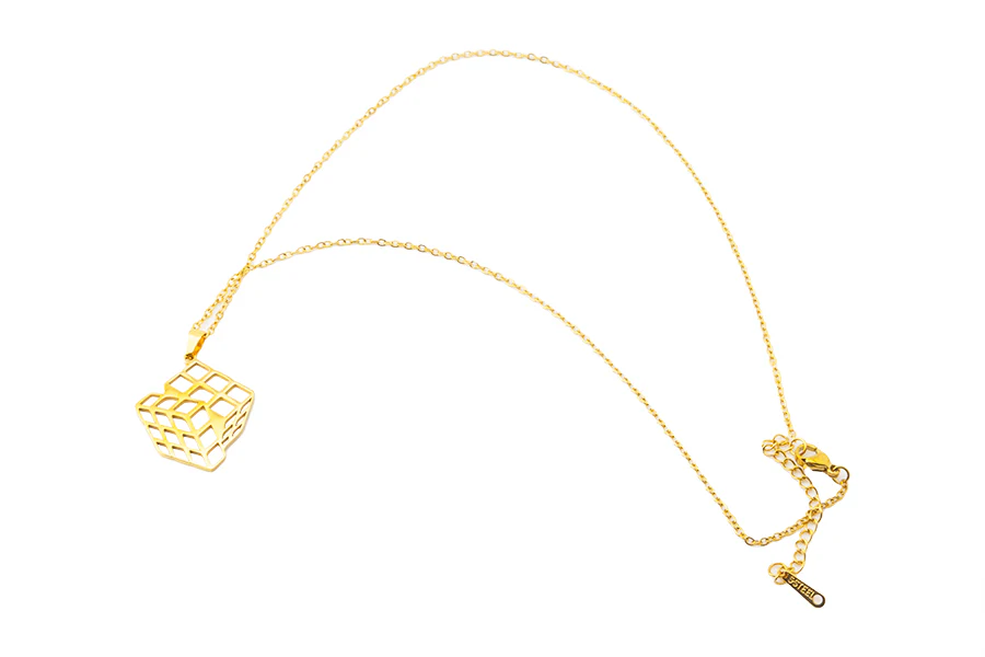 Stainless Steel Hollow Cube Pendant Necklace (18K Gold Plated)
